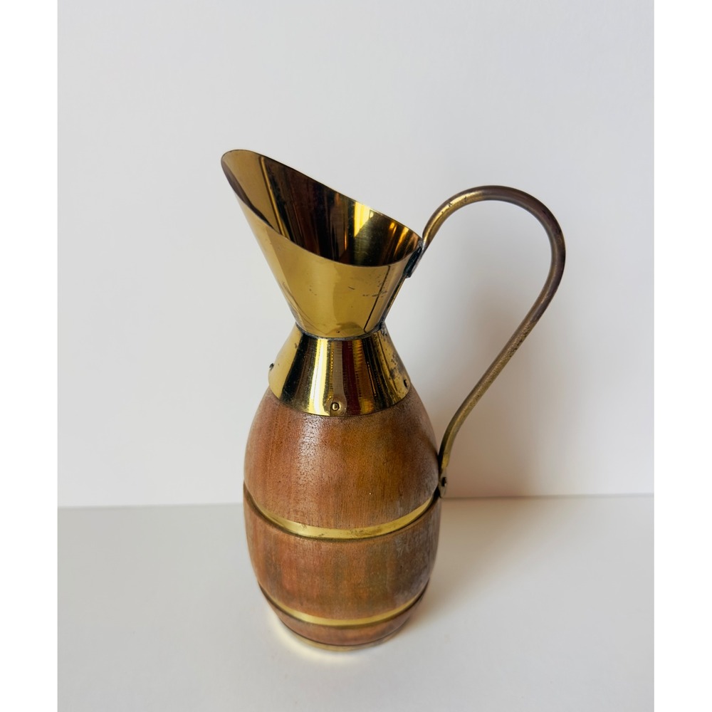 Vintage Swiss Wood and Brass Pitcher Barrel Shaped Decorative Jug Switzerland 7"